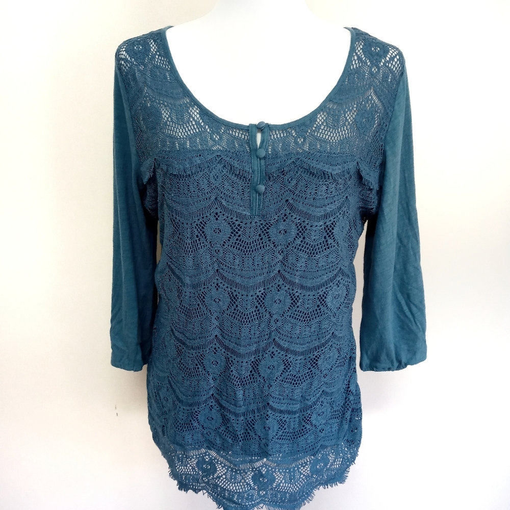 Lucky Brand crochet lace scalloped 3/4 sleeve blue